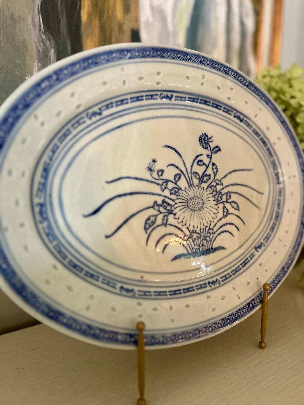 Vintage Chinese Blue & White Chrysanthemum Rice Grain Platter