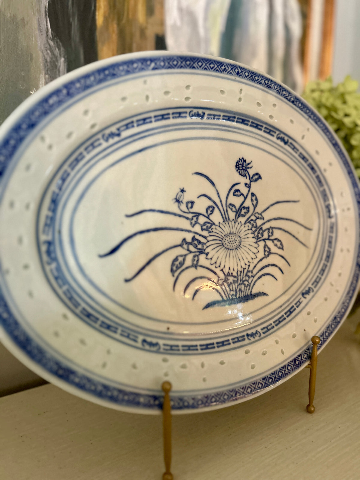 Vintage Chinese Blue & White Chrysanthemum Rice Grain Platter