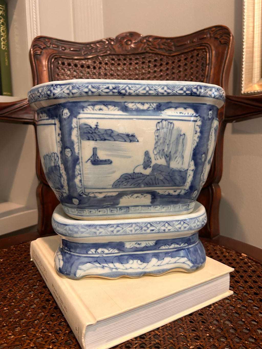 Vintage Blue and White Chinoiserie Planter with Matching Stand
