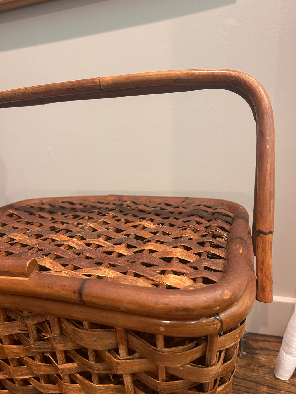 Vintage Woven Storage Basket with Faux Bamboo Handle