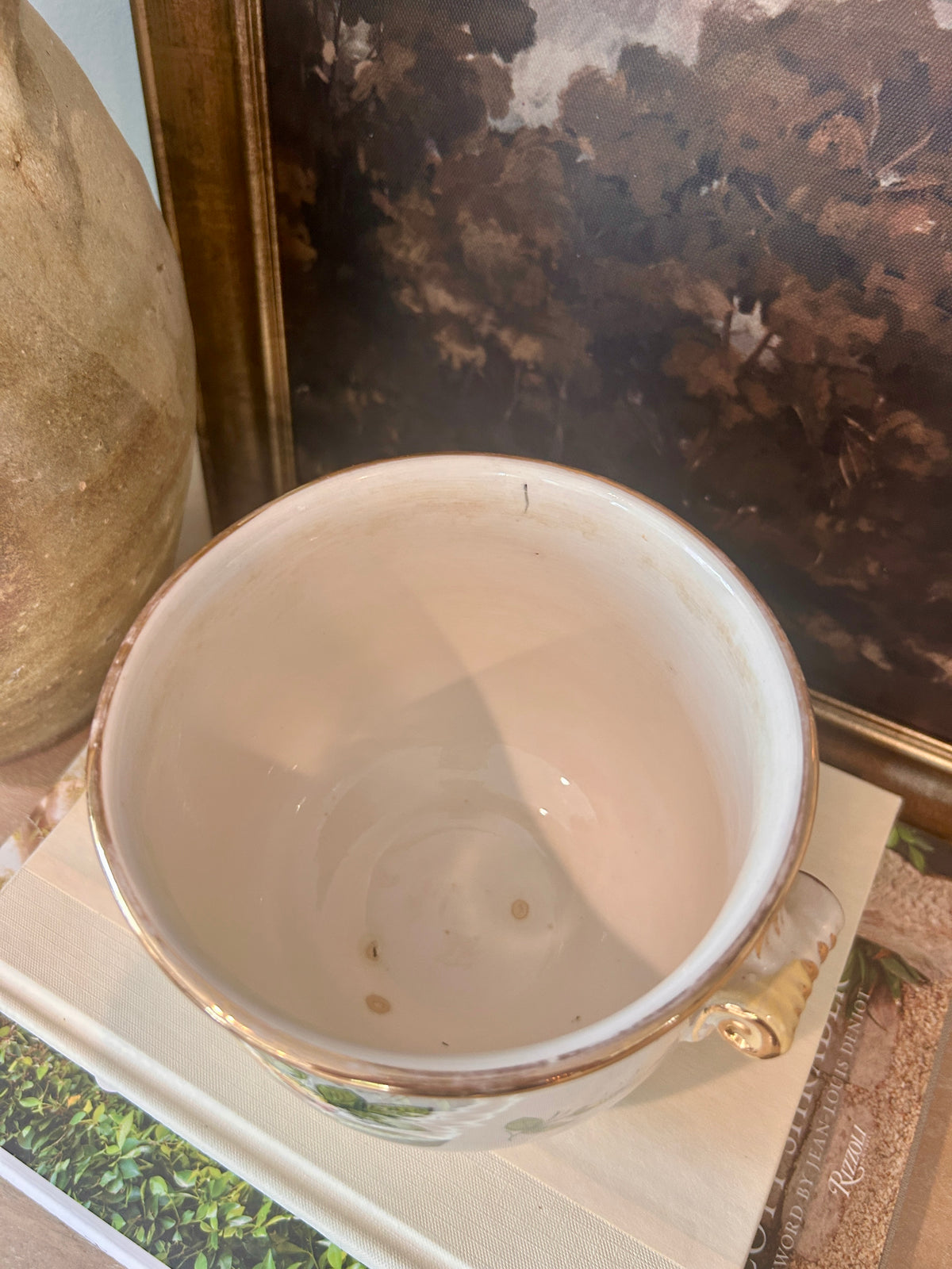 Vintage Italian Hand-Painted Floral Cachepot With Scroll Handles