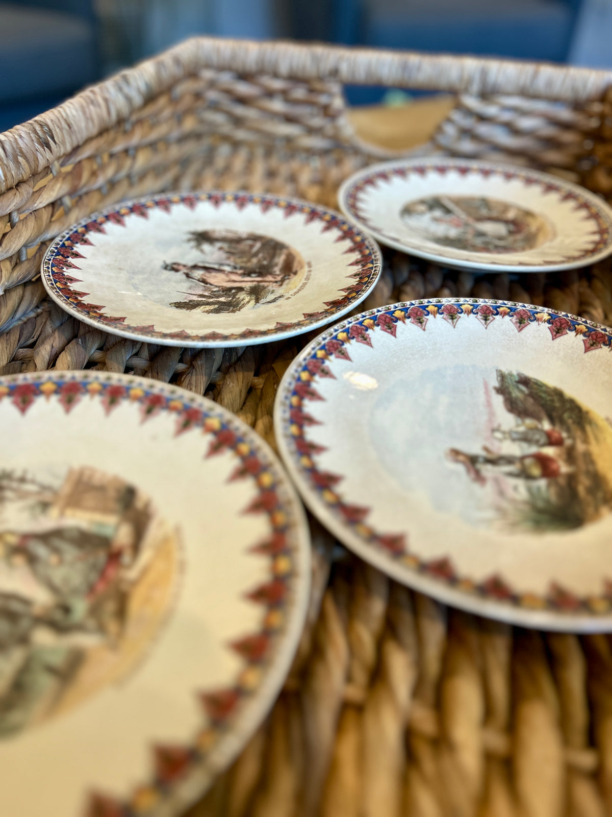 Antique French Sarreguemines Talking Plates – Set of 4 Regional Scenes