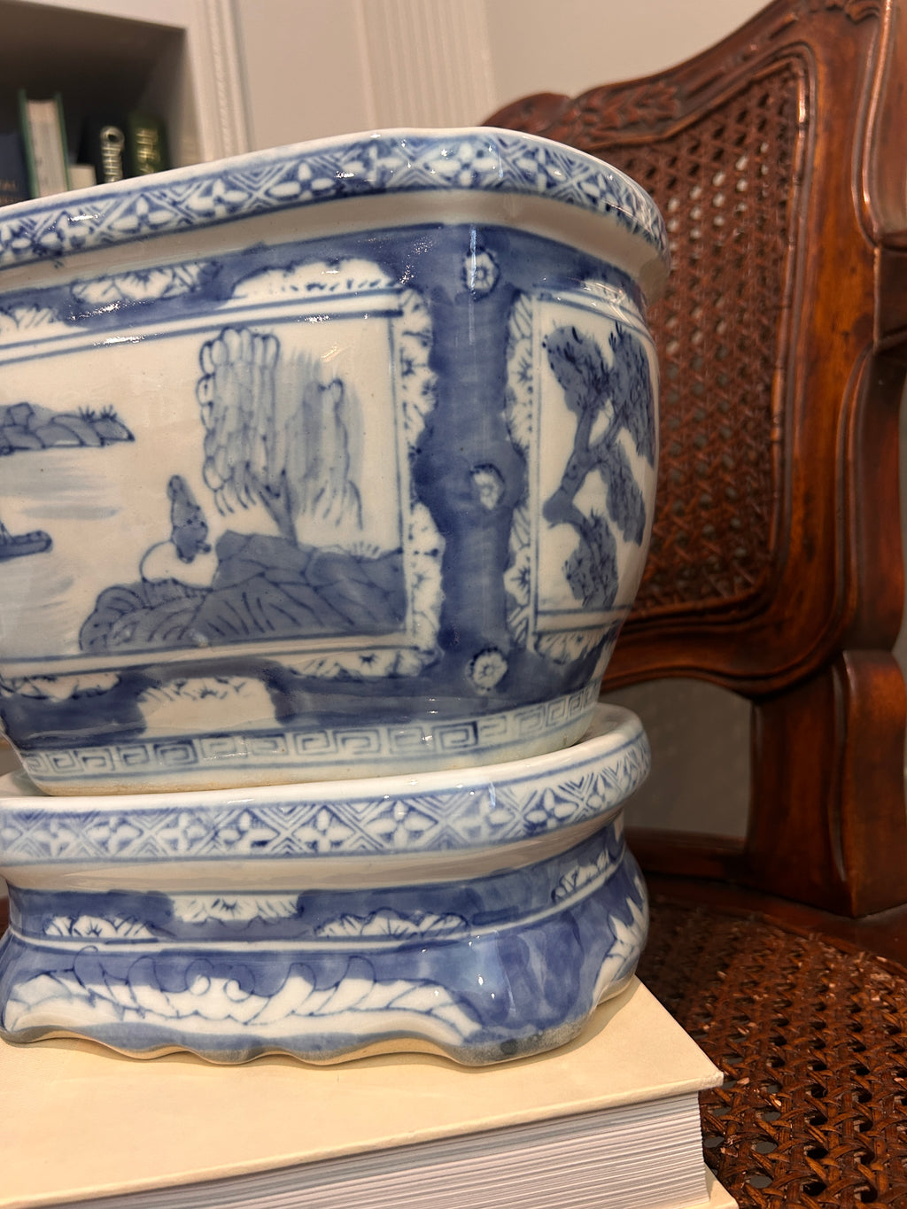 Vintage Blue and White Chinoiserie Planter with Matching Stand