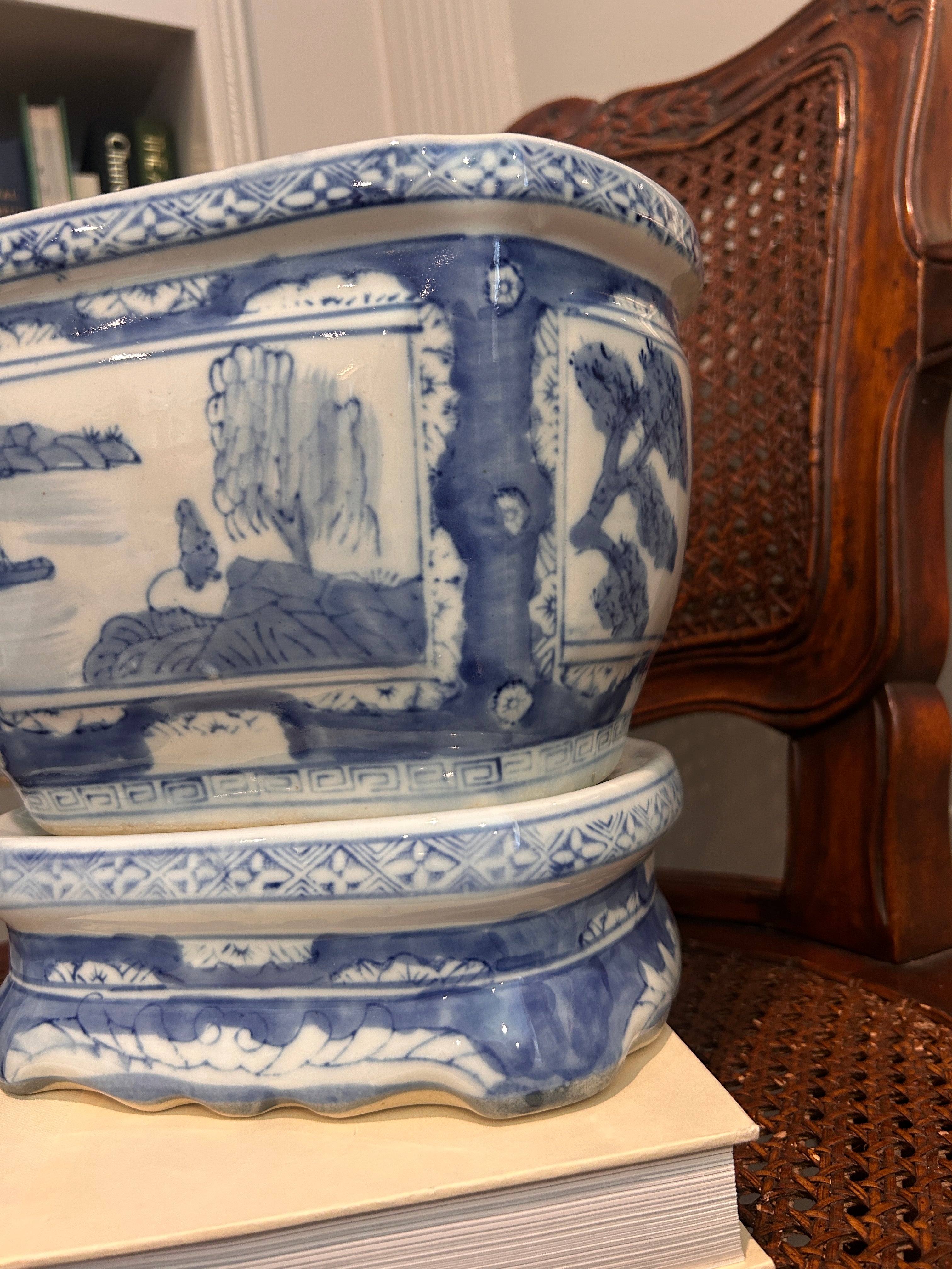 Vintage Blue and White Chinoiserie Planter with Matching Stand