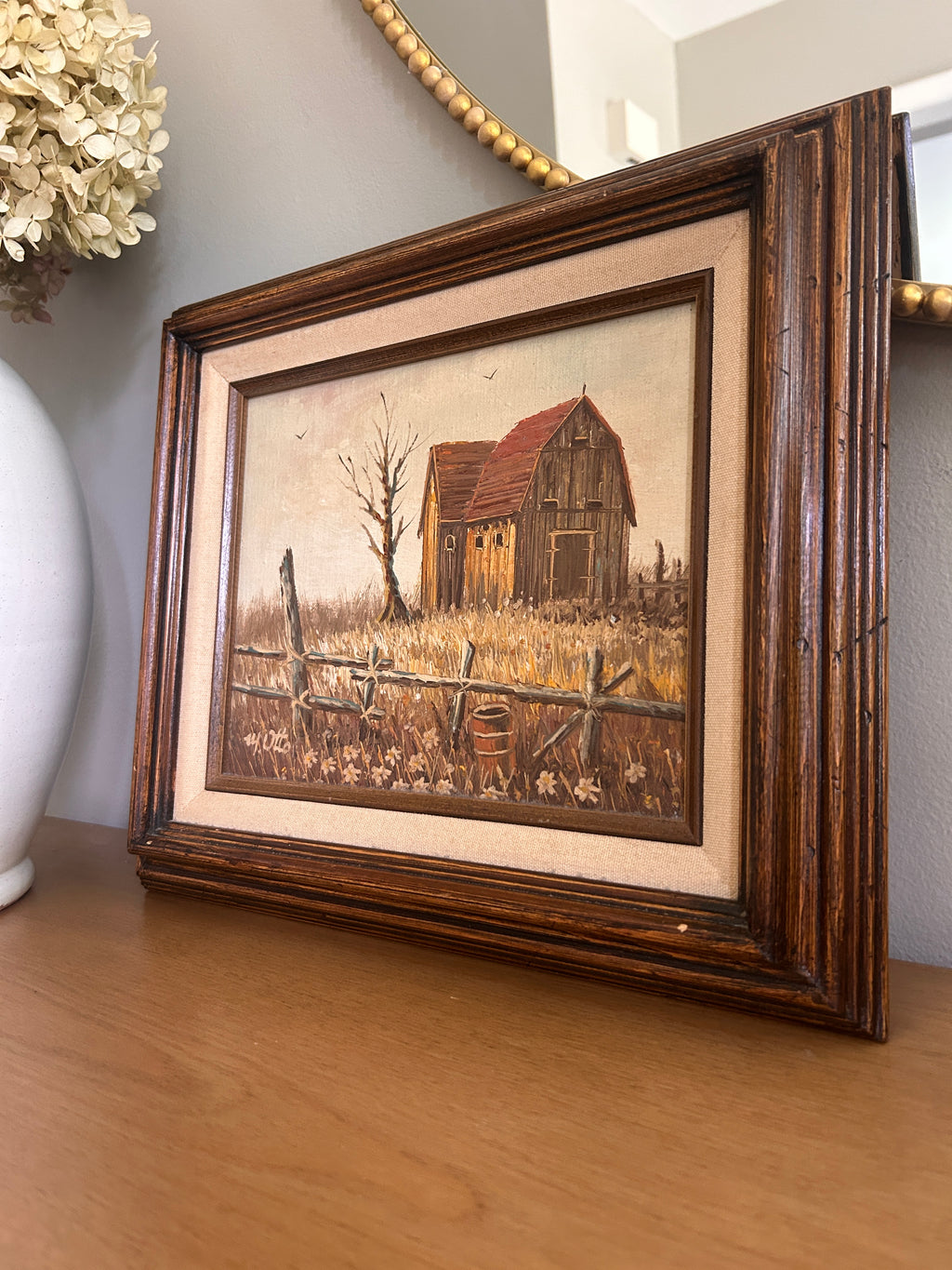 Vintage Original Signed Barn Landscape Oil Painting in Wood Frame