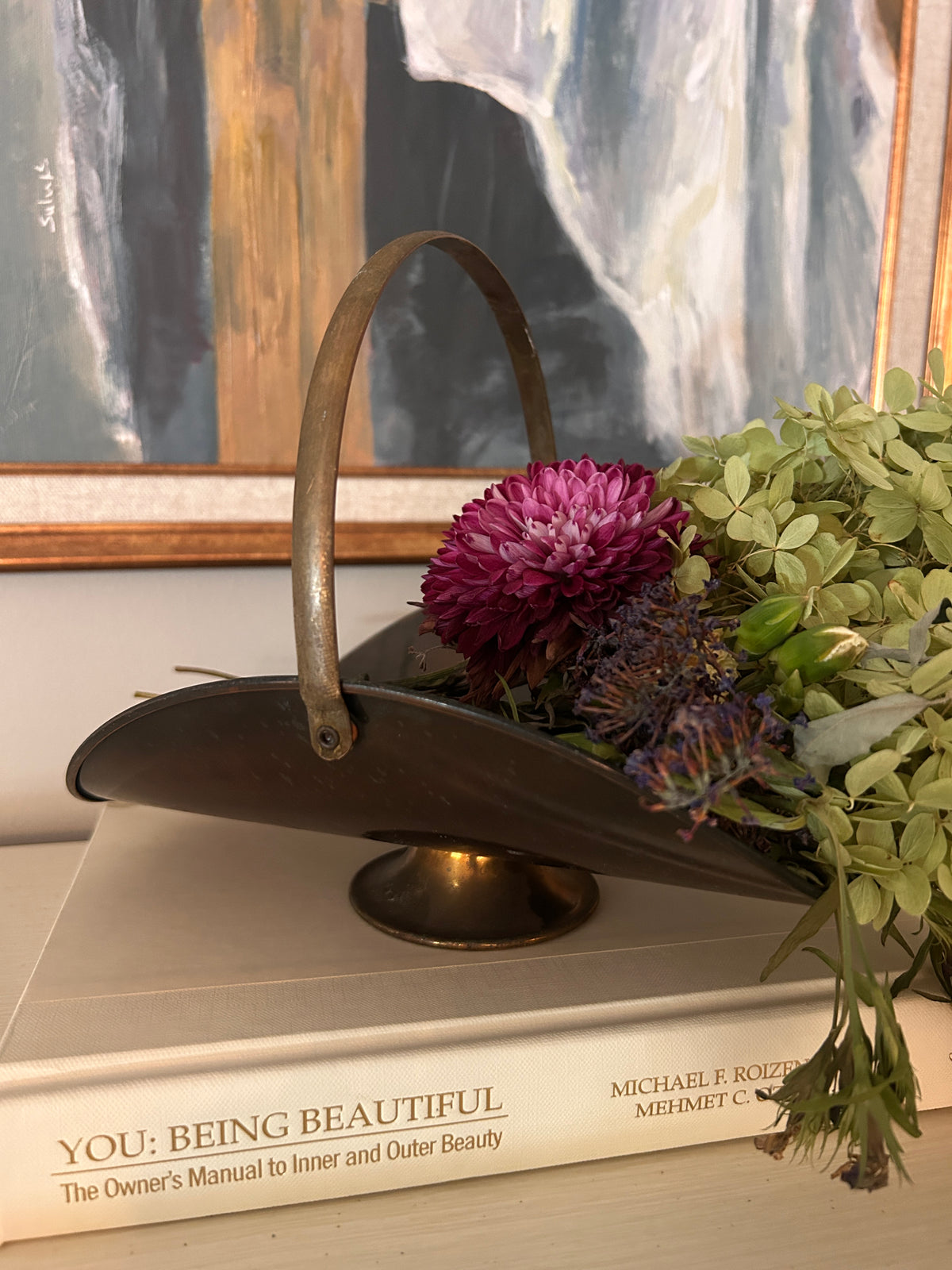 Vintage Brass Handled Pedestal Flower Basket