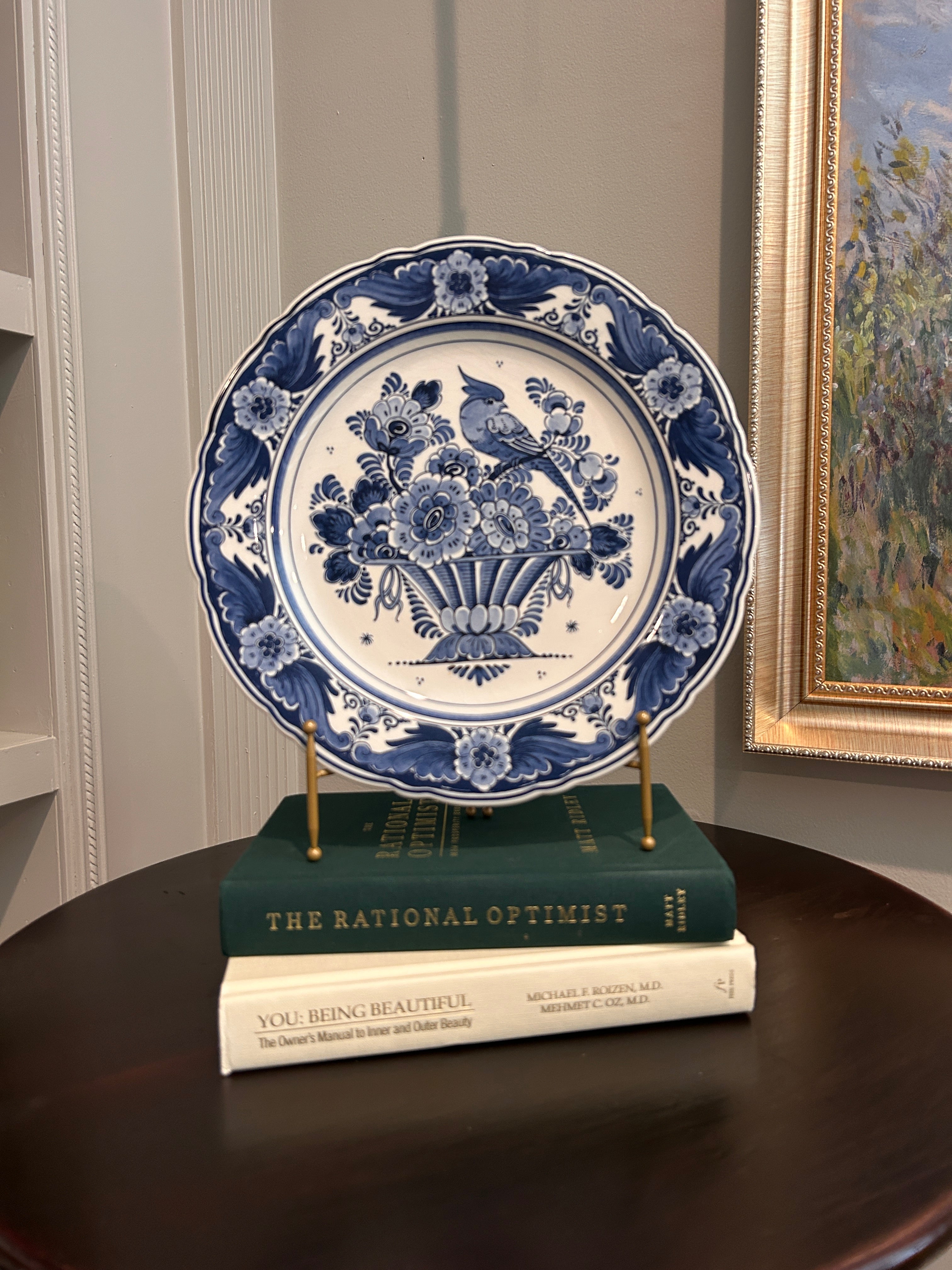 Vintage Hand-Painted Delft Blue Bird & Floral Wall Plate