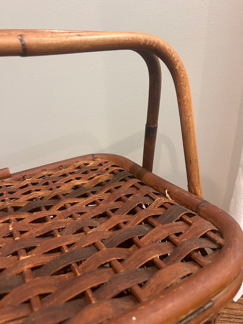 Vintage Woven Storage Basket with Faux Bamboo Handle