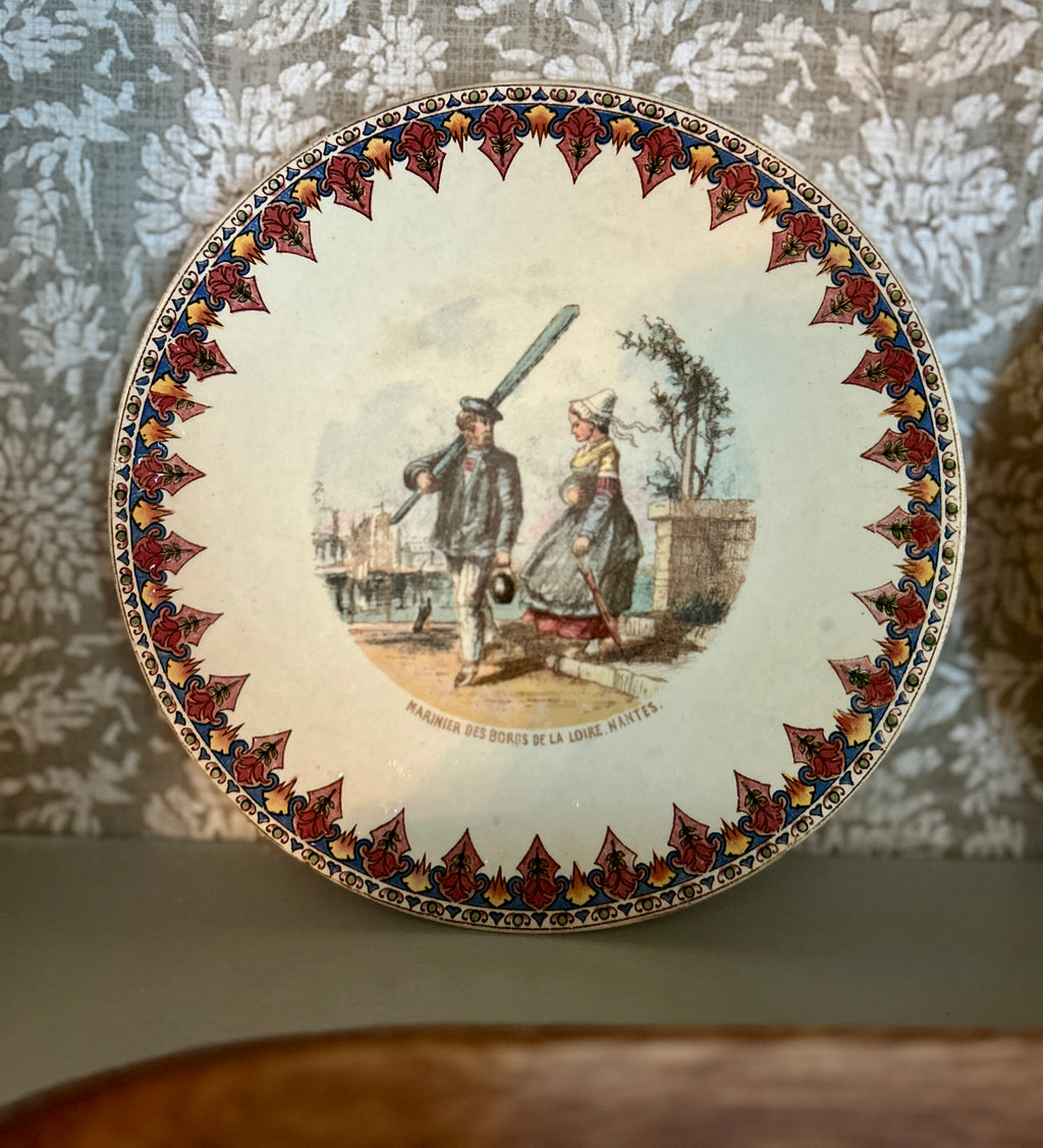 Antique French Sarreguemines Talking Plates – Set of 4 Regional Scenes