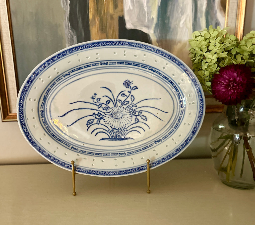 Vintage Chinese Blue & White Chrysanthemum Rice Grain Platter