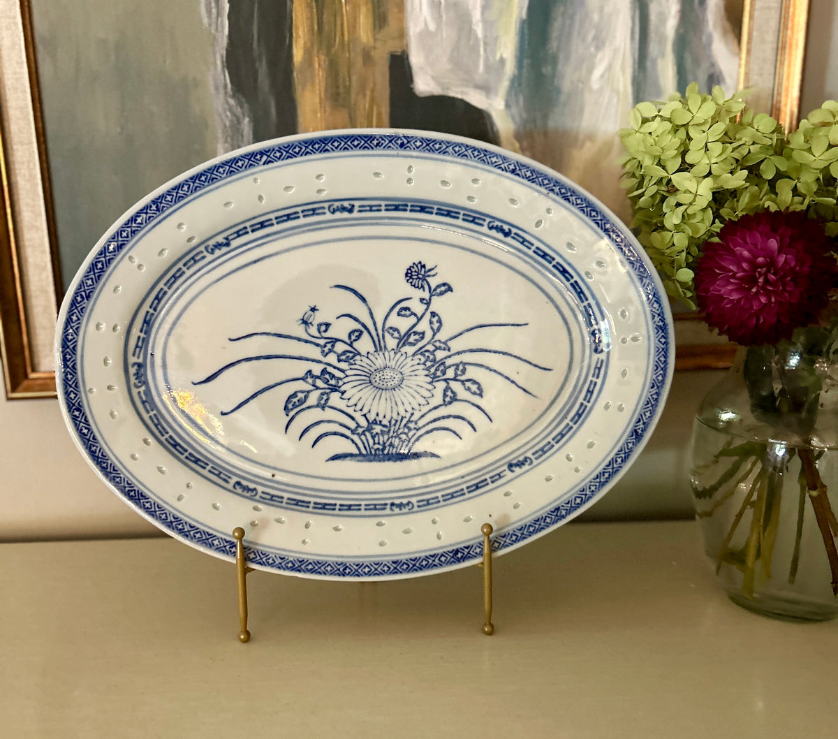 Vintage Chinese Blue & White Chrysanthemum Rice Grain Platter