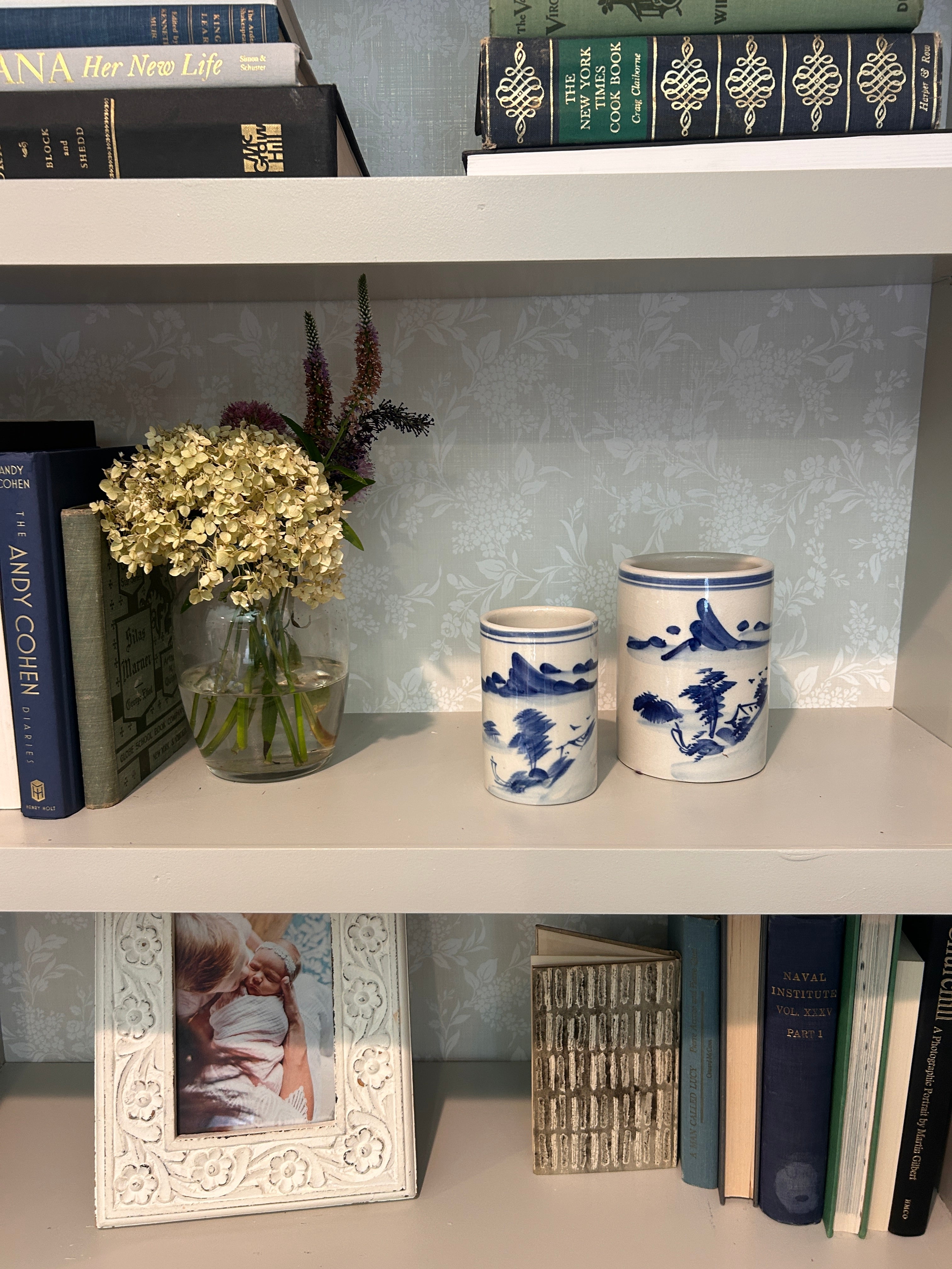Vintage Hand-Painted Blue & White Landscape Brush Pot Pair