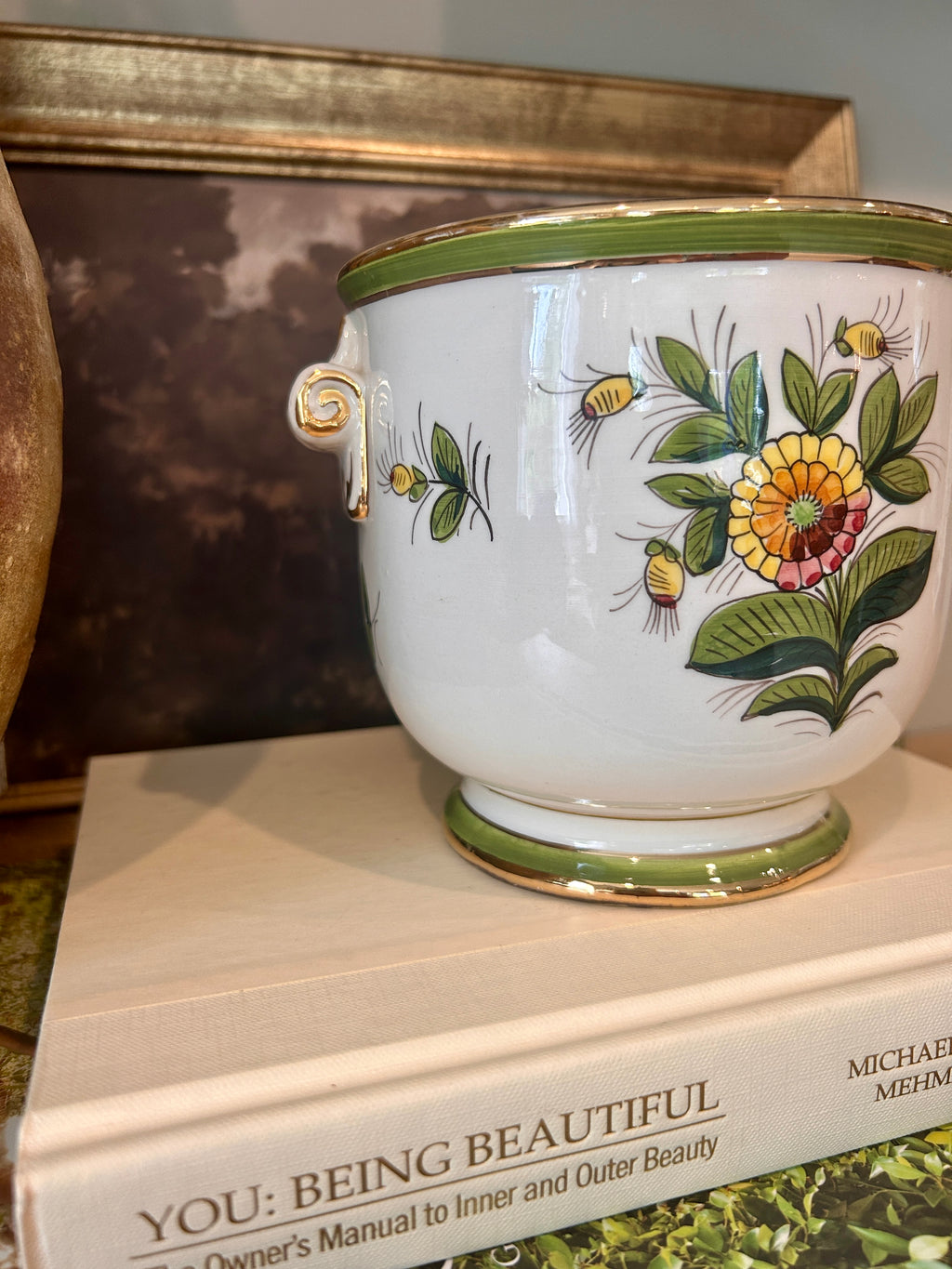 Vintage Italian Hand-Painted Floral Cachepot With Scroll Handles