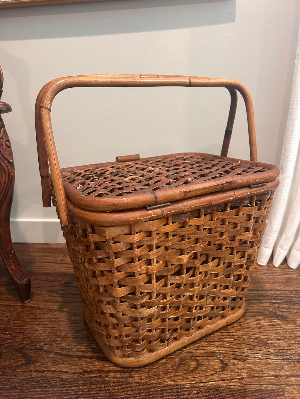 Vintage Woven Storage Basket with Faux Bamboo Handle
