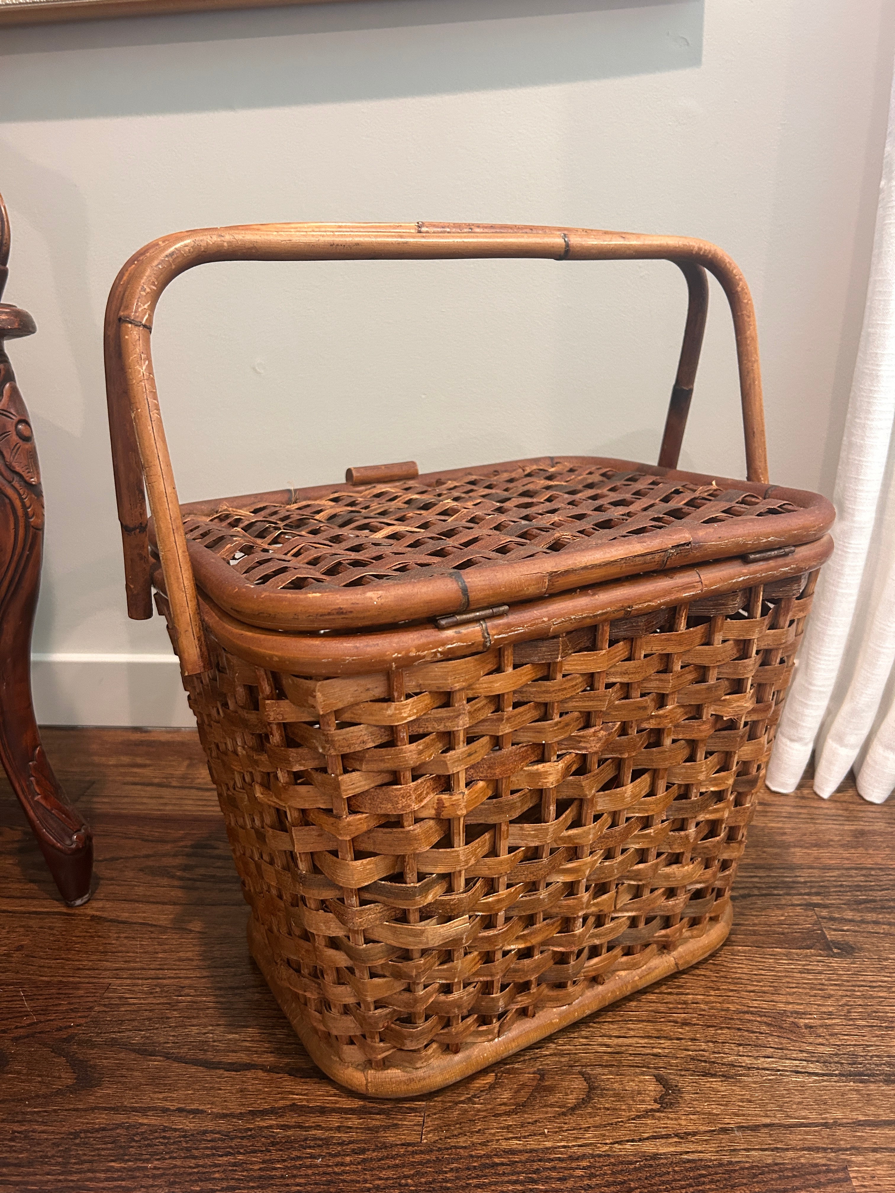 Vintage Woven Storage Basket with Faux Bamboo Handle