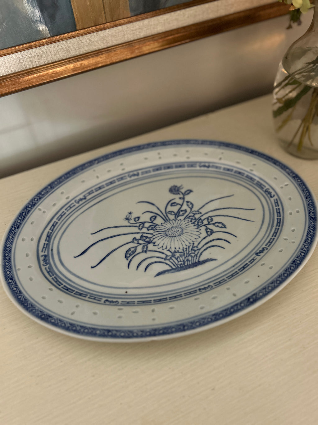 Vintage Chinese Blue & White Chrysanthemum Rice Grain Platter