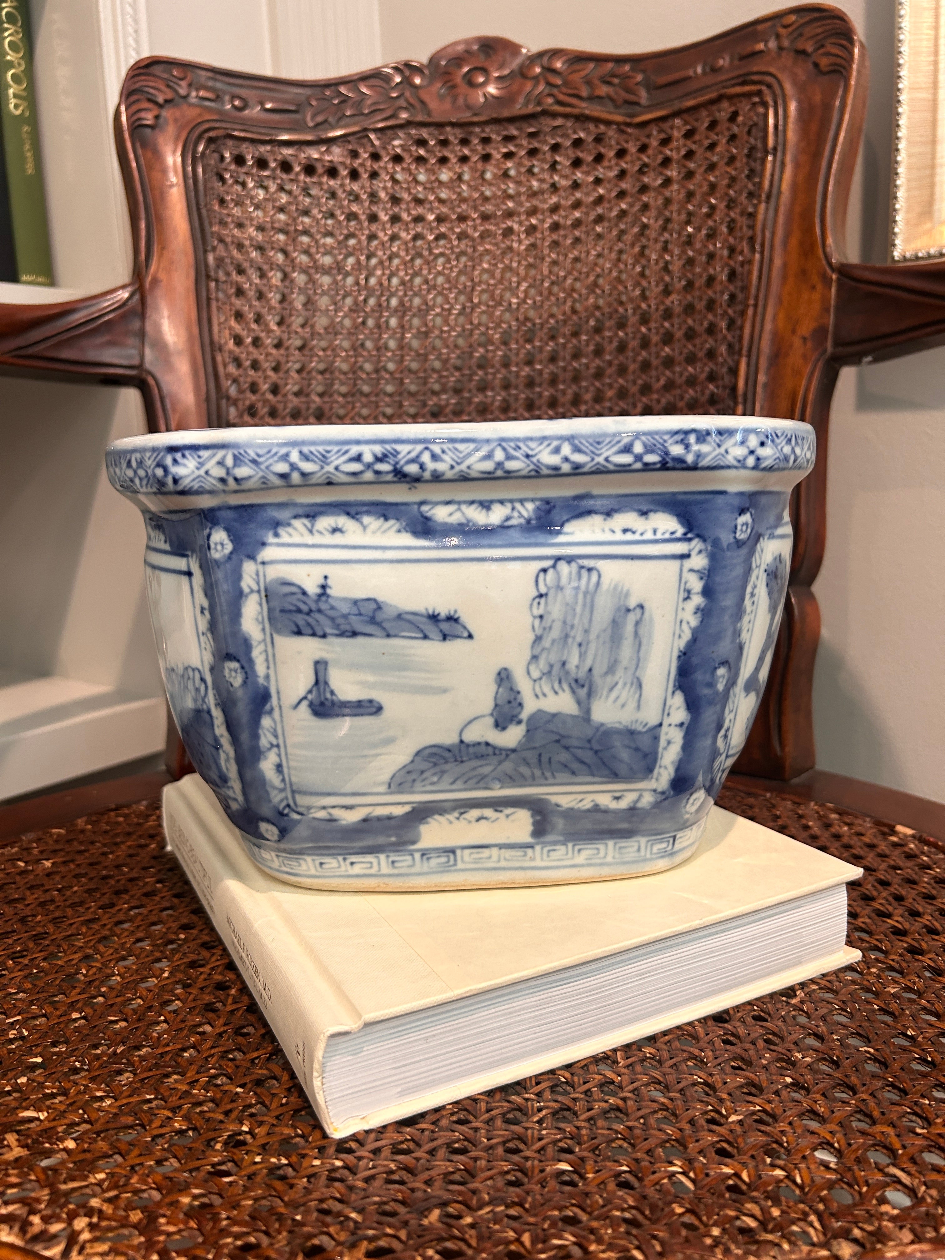 Vintage Blue and White Chinoiserie Planter with Matching Stand