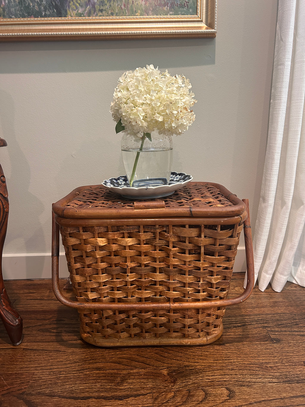 Vintage Woven Storage Basket with Faux Bamboo Handle