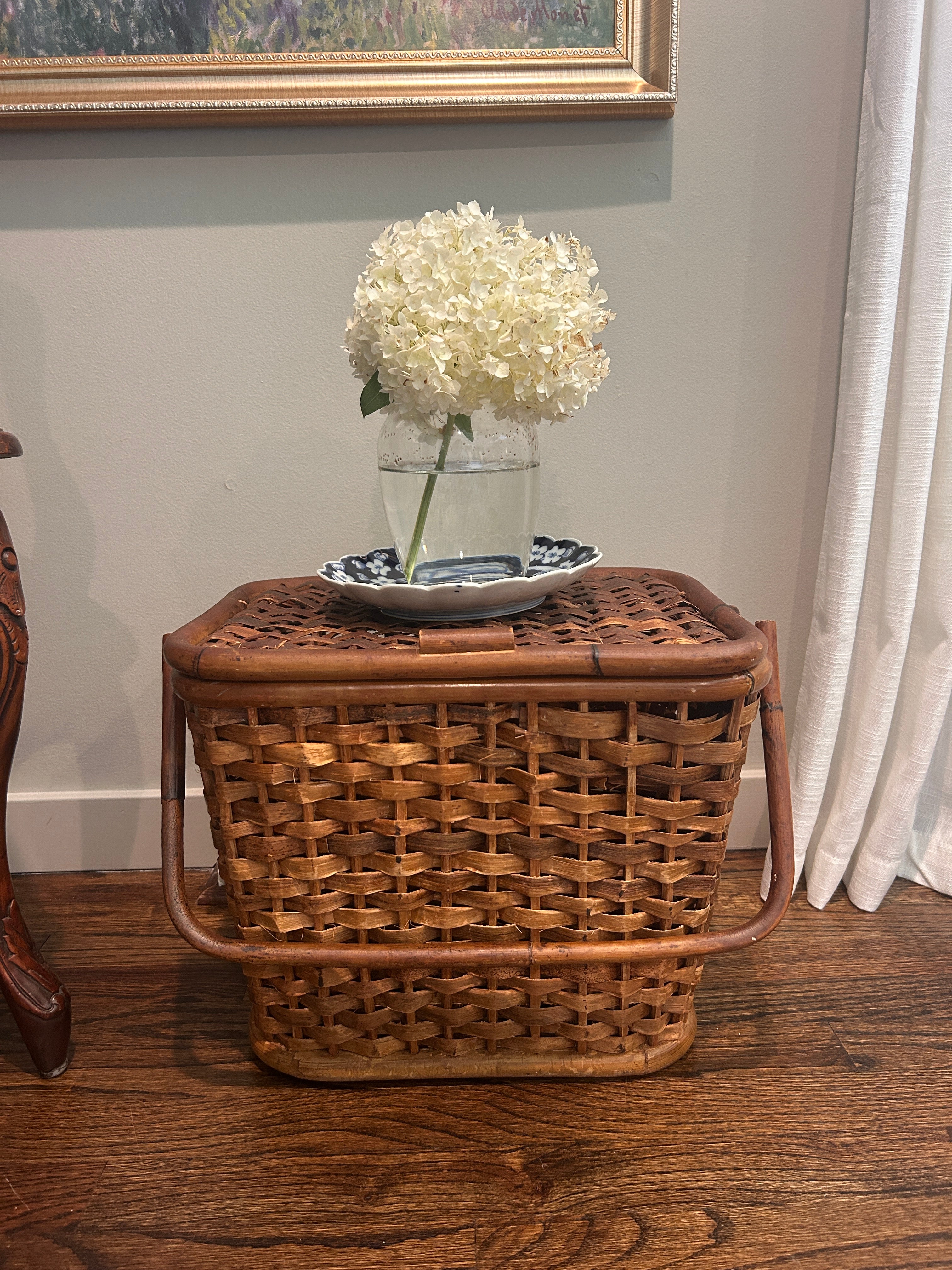Vintage Woven Storage Basket with Faux Bamboo Handle