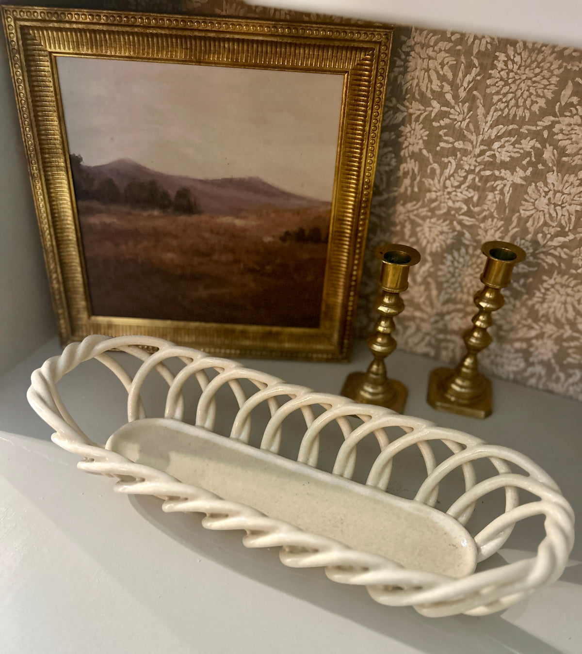 Vintage Cream Ceramic Woven Lattice Basket Tray