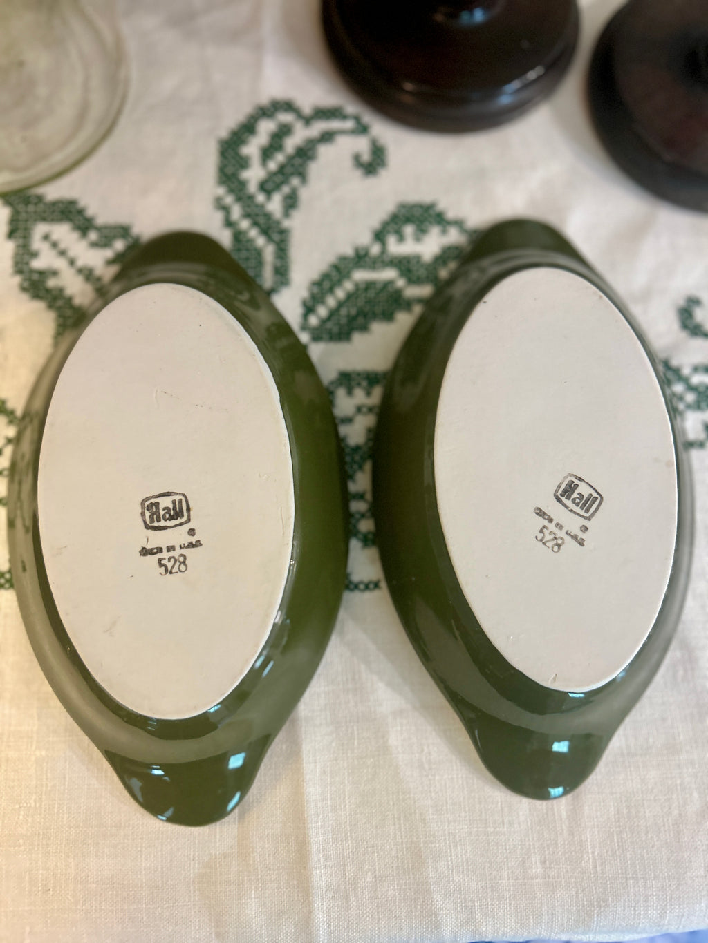 Vintage Hall China Olive Green & White Petite Casserole Serving Dishes – Set of 5