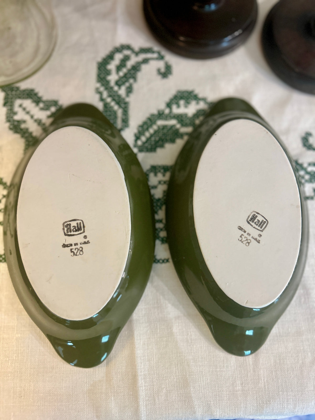 Vintage Hall China Olive Green & White Petite Casserole Serving Dishes – Set of 5