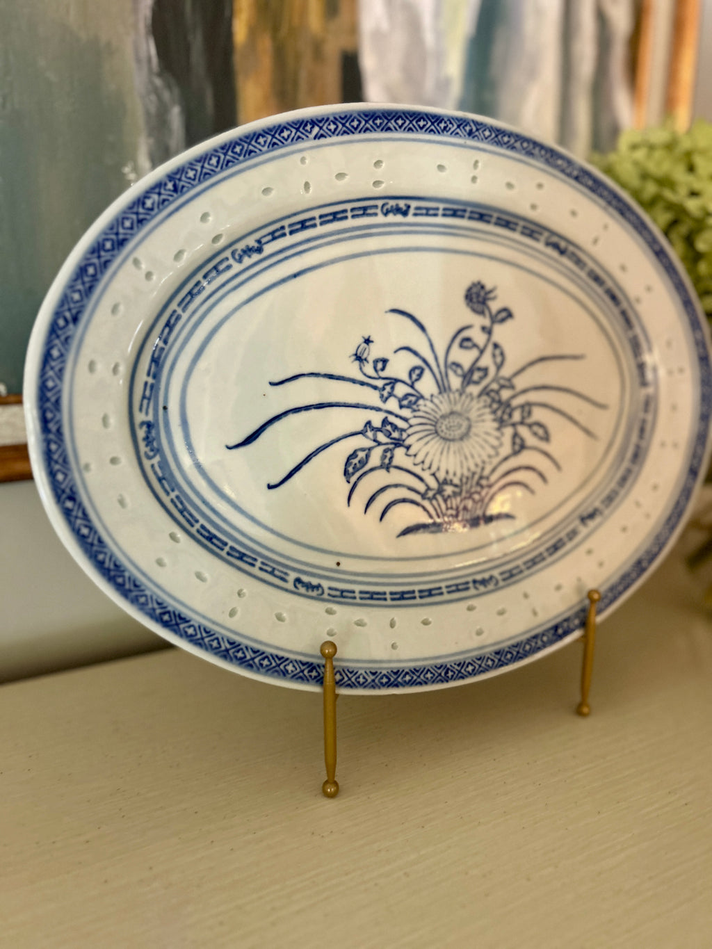 Vintage Chinese Blue & White Chrysanthemum Rice Grain Platter