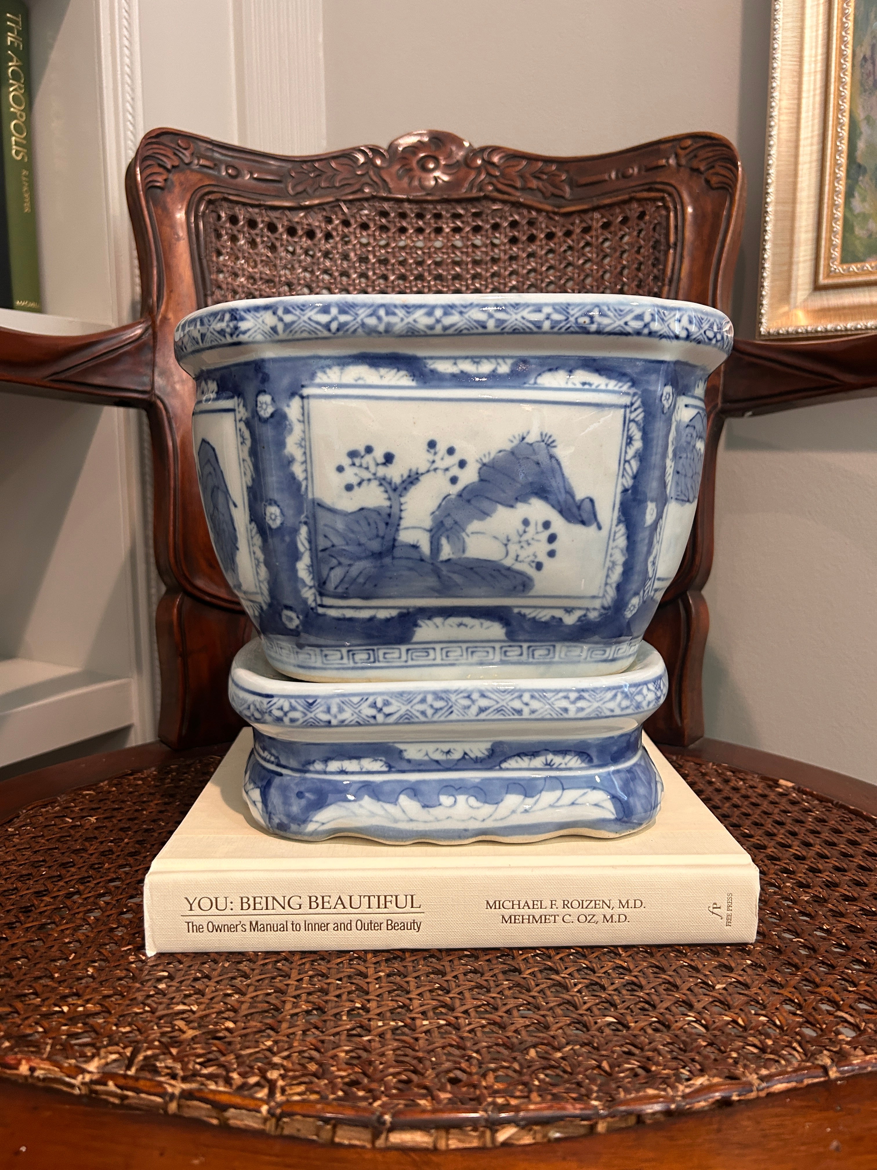 Vintage Blue and White Chinoiserie Planter with Matching Stand