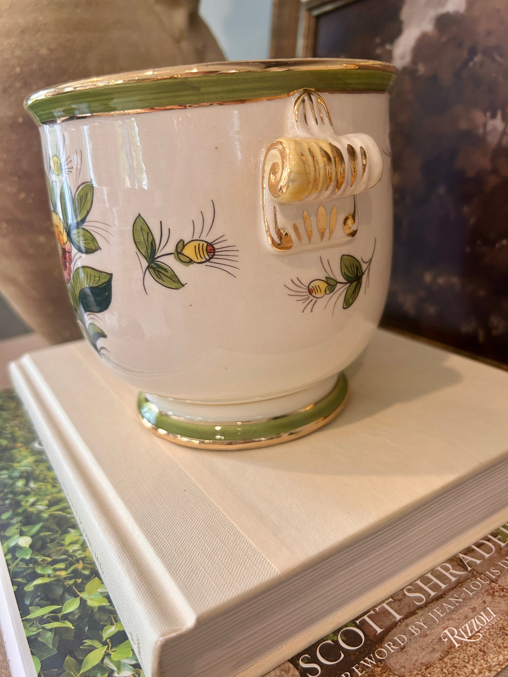 Vintage Italian Hand-Painted Floral Cachepot With Scroll Handles