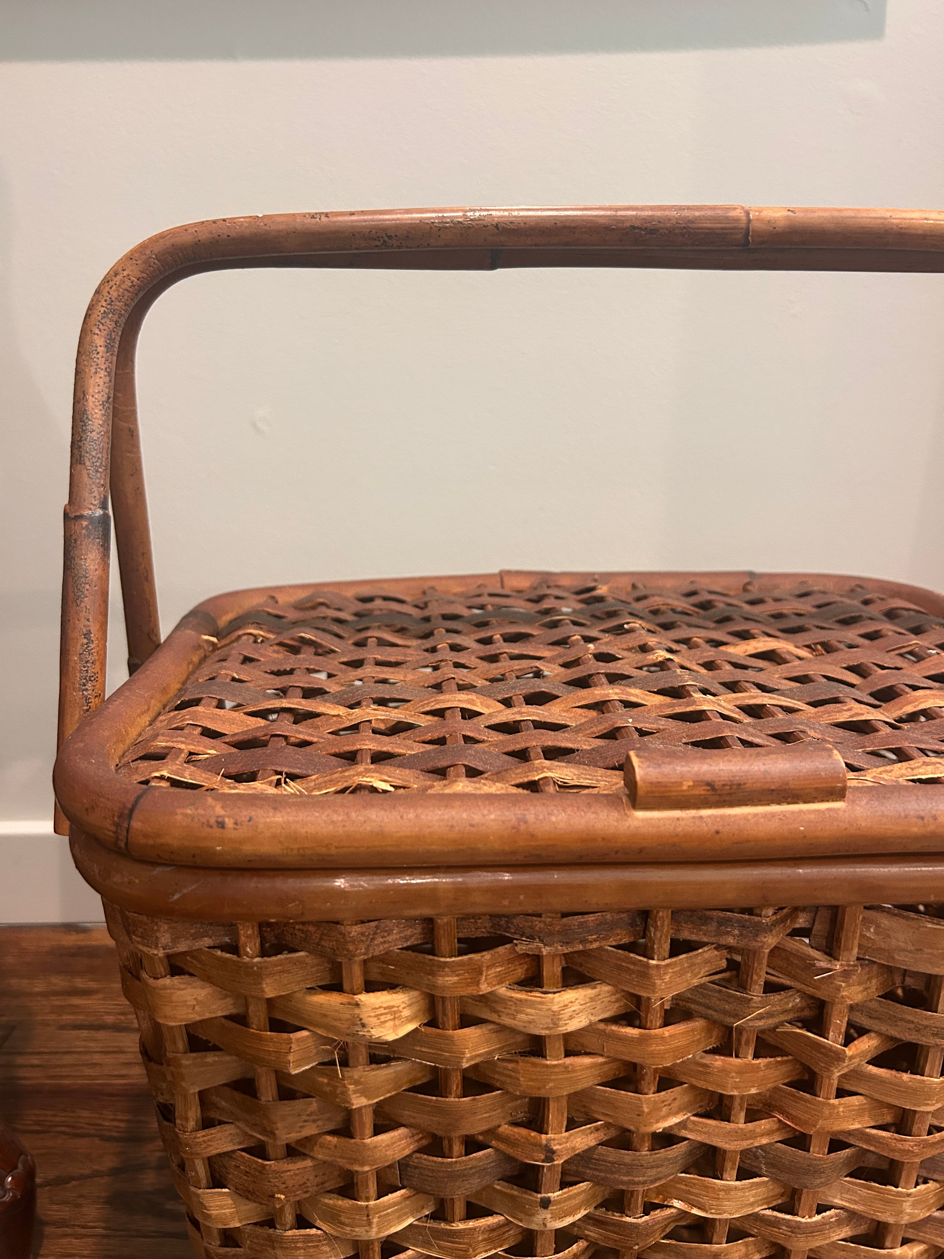 Vintage Woven Storage Basket with Faux Bamboo Handle