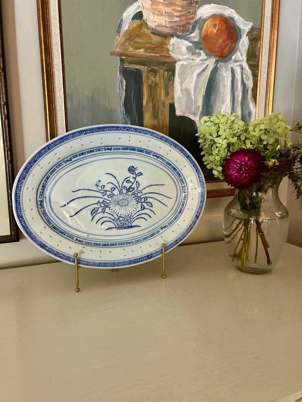 Vintage Chinese Blue & White Chrysanthemum Rice Grain Platter