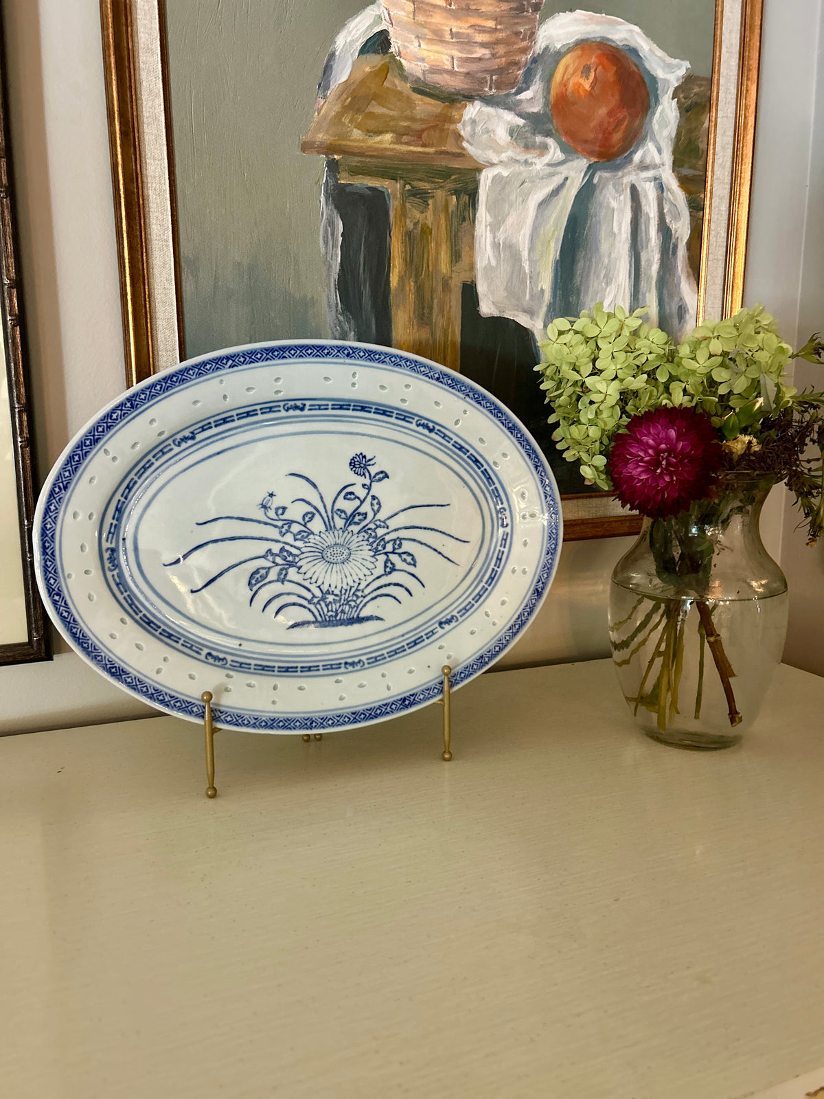 Vintage Chinese Blue & White Chrysanthemum Rice Grain Platter