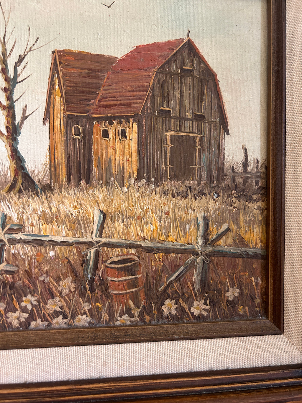 Vintage Original Signed Barn Landscape Oil Painting in Wood Frame