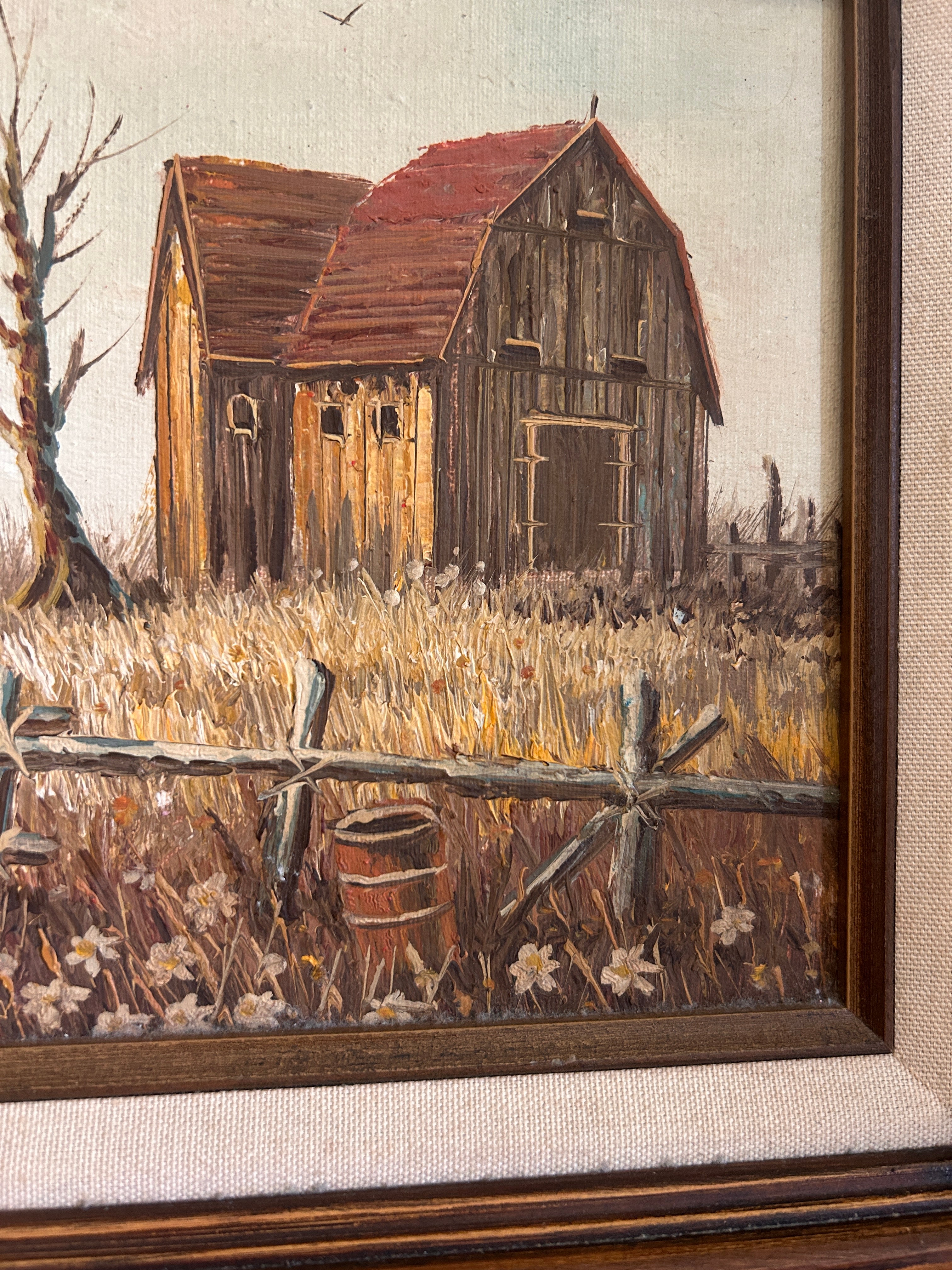 Vintage Original Signed Barn Landscape Oil Painting in Wood Frame