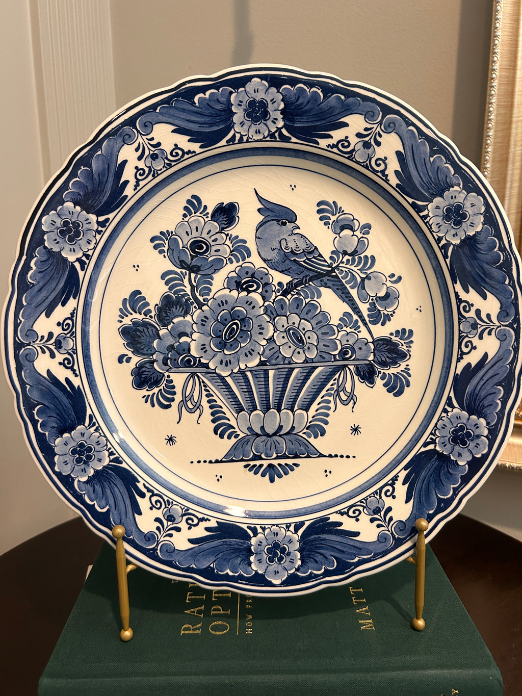 Vintage Hand-Painted Delft Blue Bird & Floral Wall Plate
