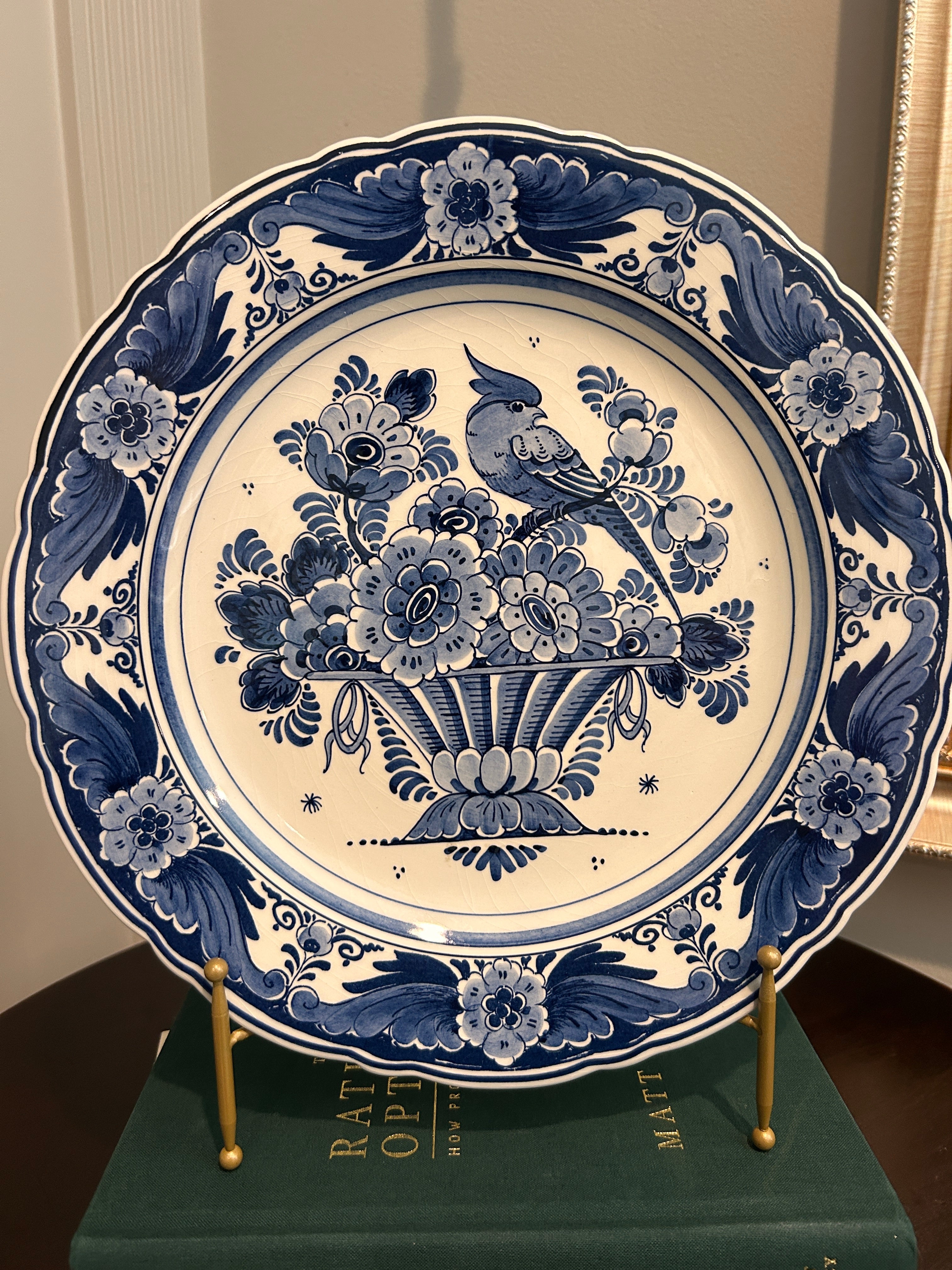 Vintage Hand-Painted Delft Blue Bird & Floral Wall Plate