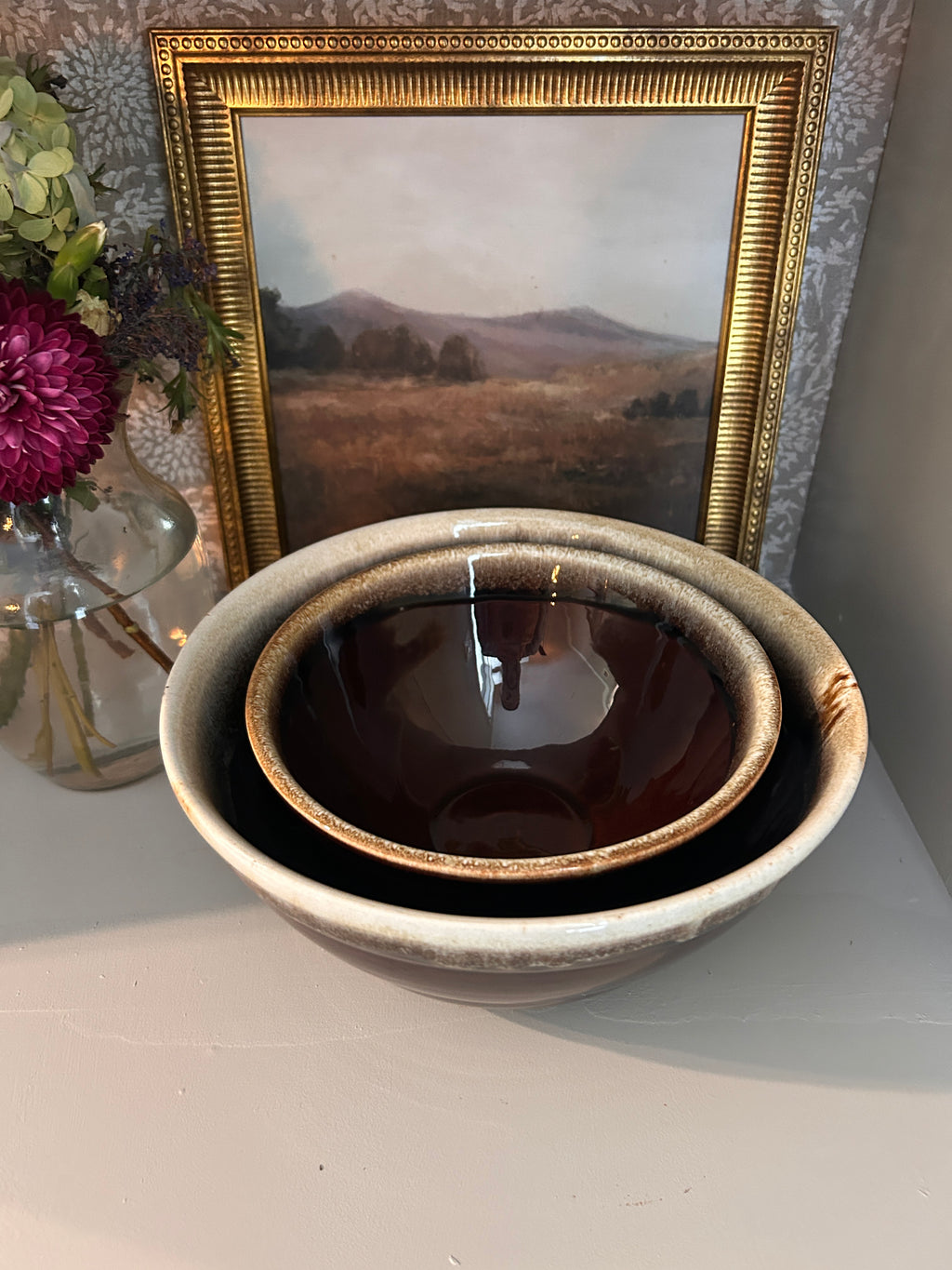 Vintage Brown Drip Glaze Nesting Mixing Bowls – Set of 2