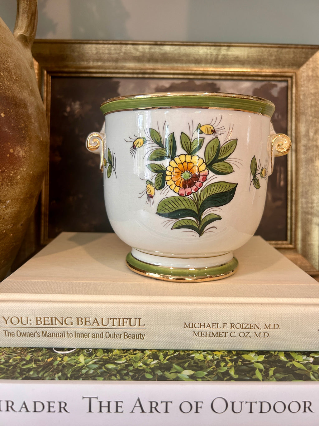 Vintage Italian Hand-Painted Floral Cachepot With Scroll Handles