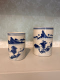 Vintage Hand-Painted Blue & White Landscape Brush Pot Pair