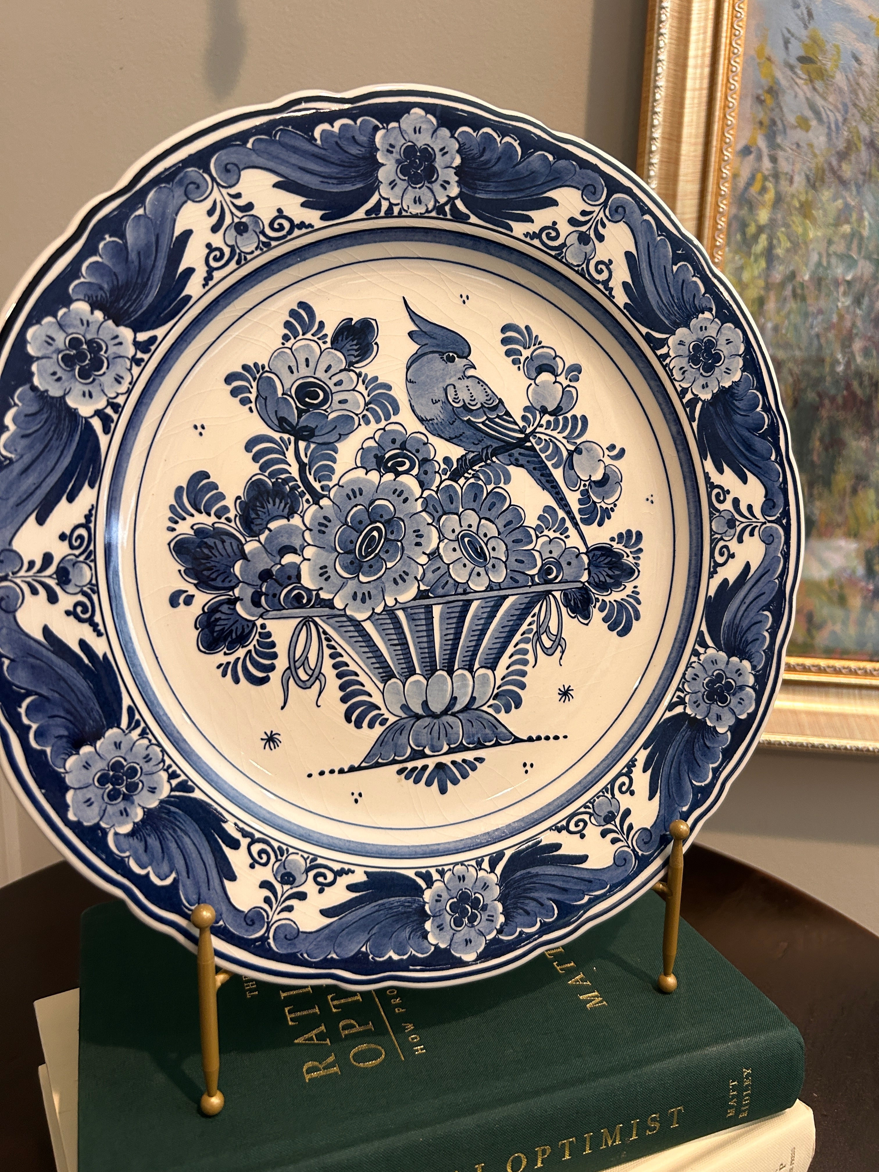 Vintage Hand-Painted Delft Blue Bird & Floral Wall Plate