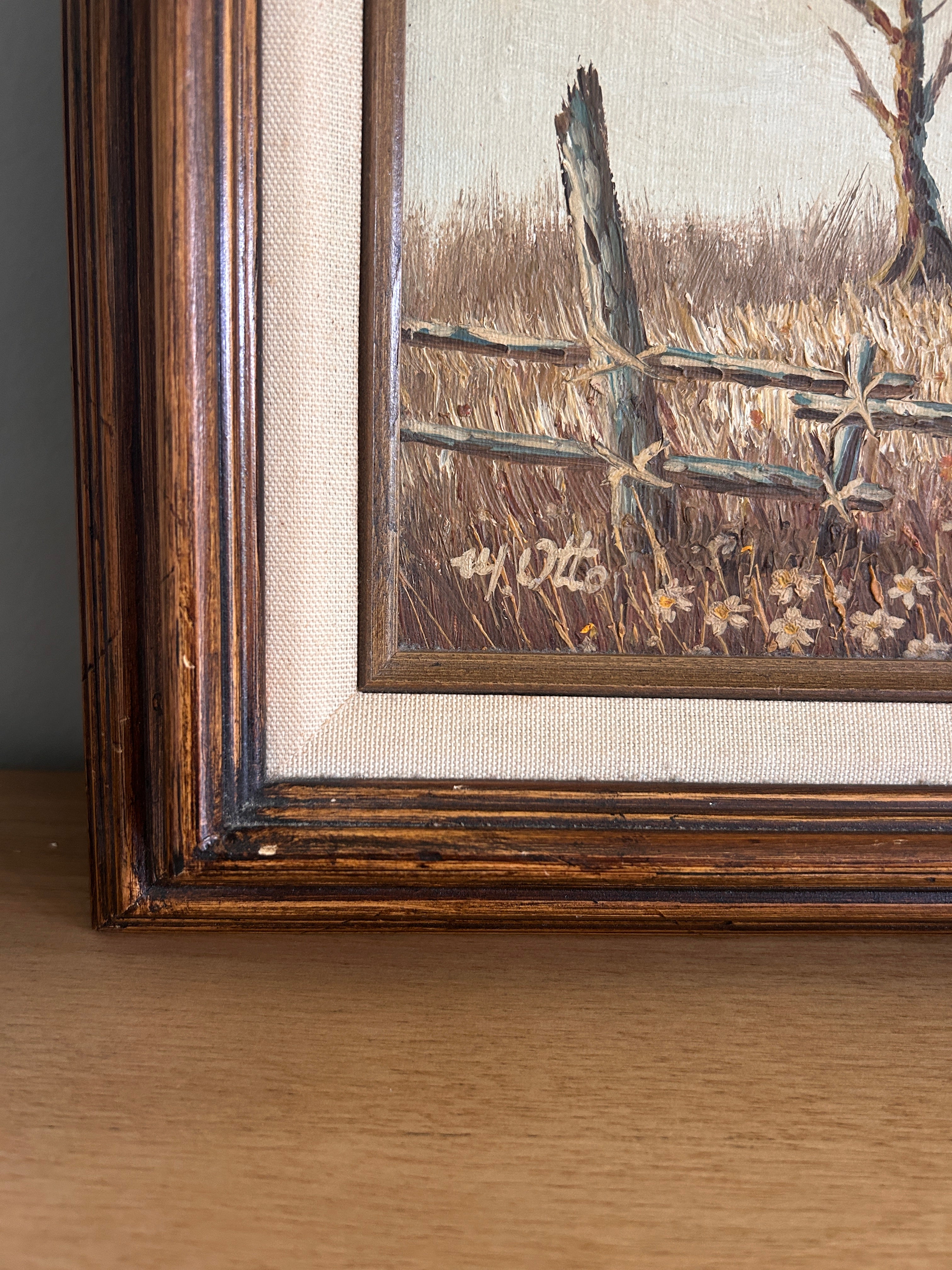 Vintage Original Signed Barn Landscape Oil Painting in Wood Frame