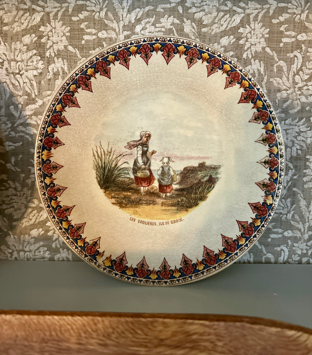 Antique French Sarreguemines Talking Plates – Set of 4 Regional Scenes