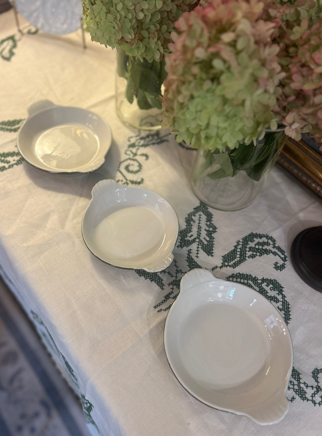 Vintage Hall China Olive Green & White Petite Casserole Serving Dishes – Set of 5
