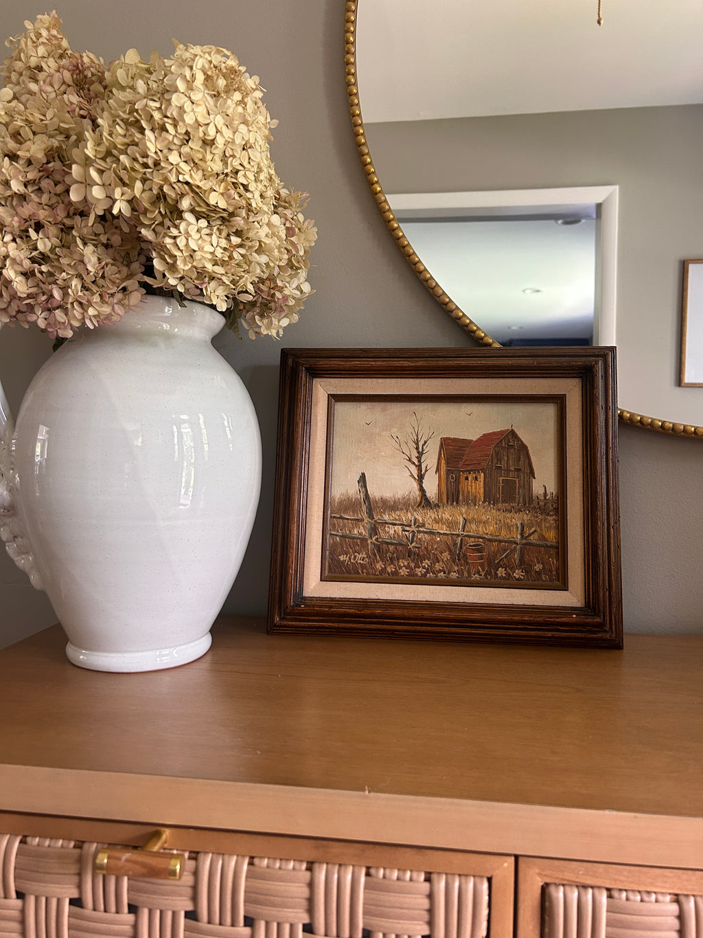 Vintage Original Signed Barn Landscape Oil Painting in Wood Frame