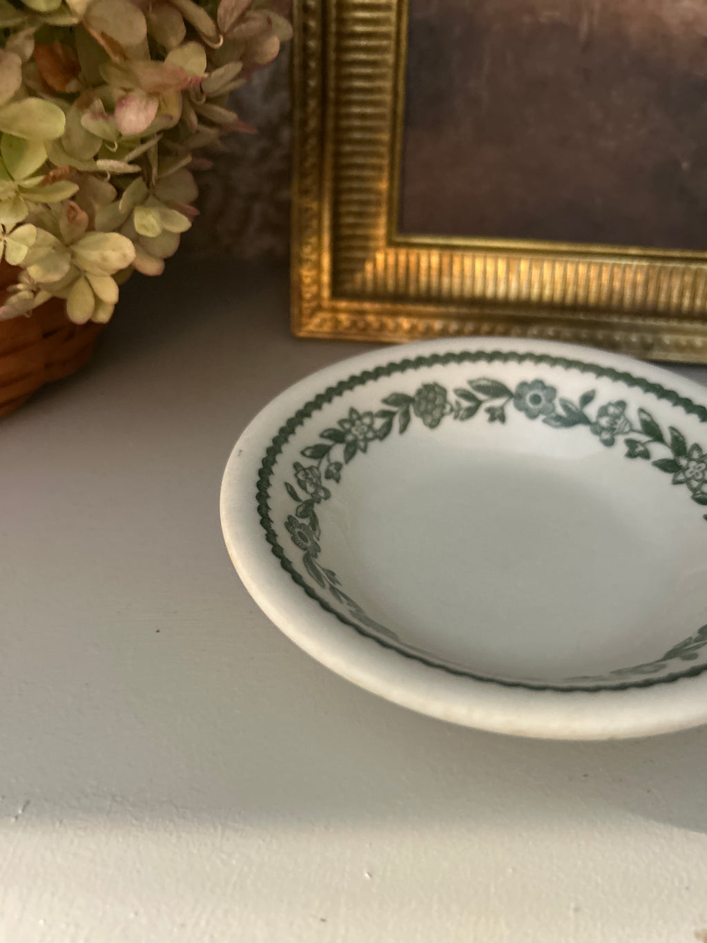 Vintage Buffalo China Green Floral Trinket Dish