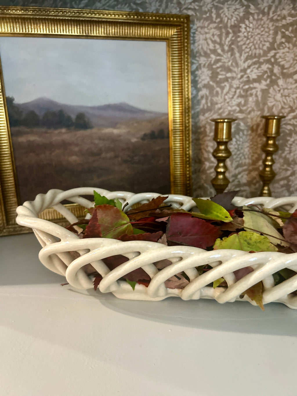 Vintage Cream Ceramic Woven Lattice Basket Tray