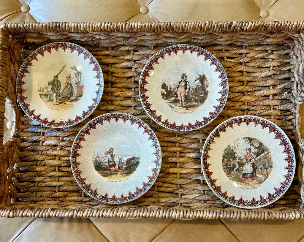 Antique French Sarreguemines Talking Plates – Set of 4 Regional Scenes