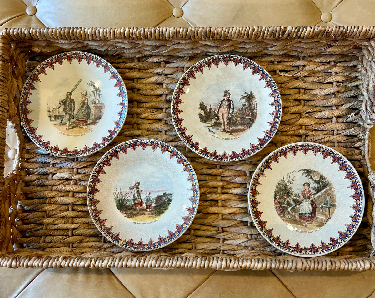 Antique French Sarreguemines Talking Plates – Set of 4 Regional Scenes