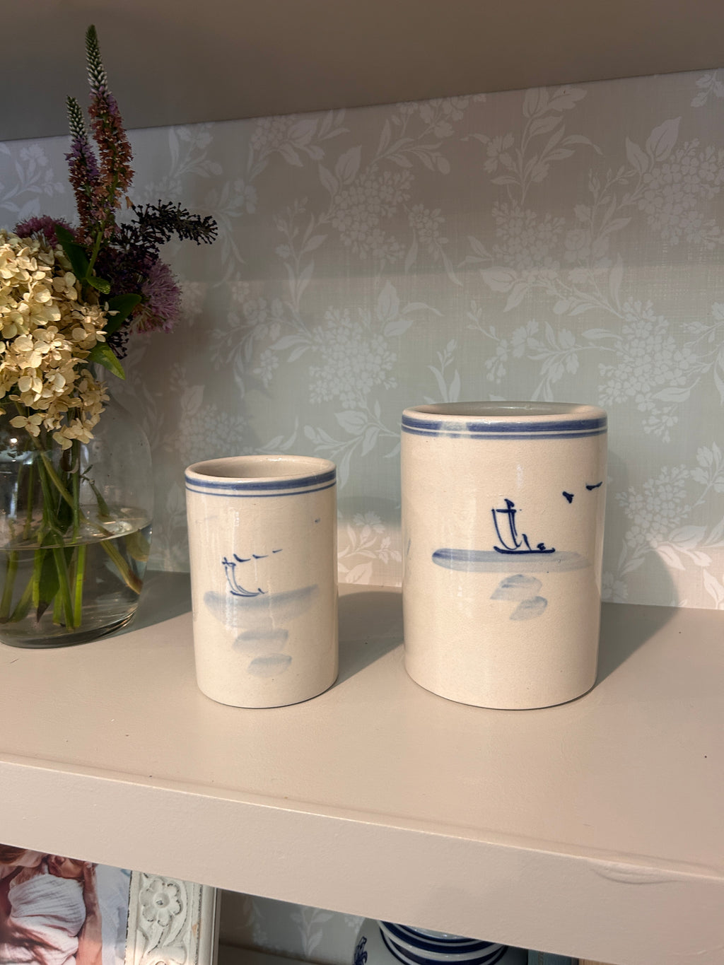 Vintage Hand-Painted Blue & White Landscape Brush Pot Pair