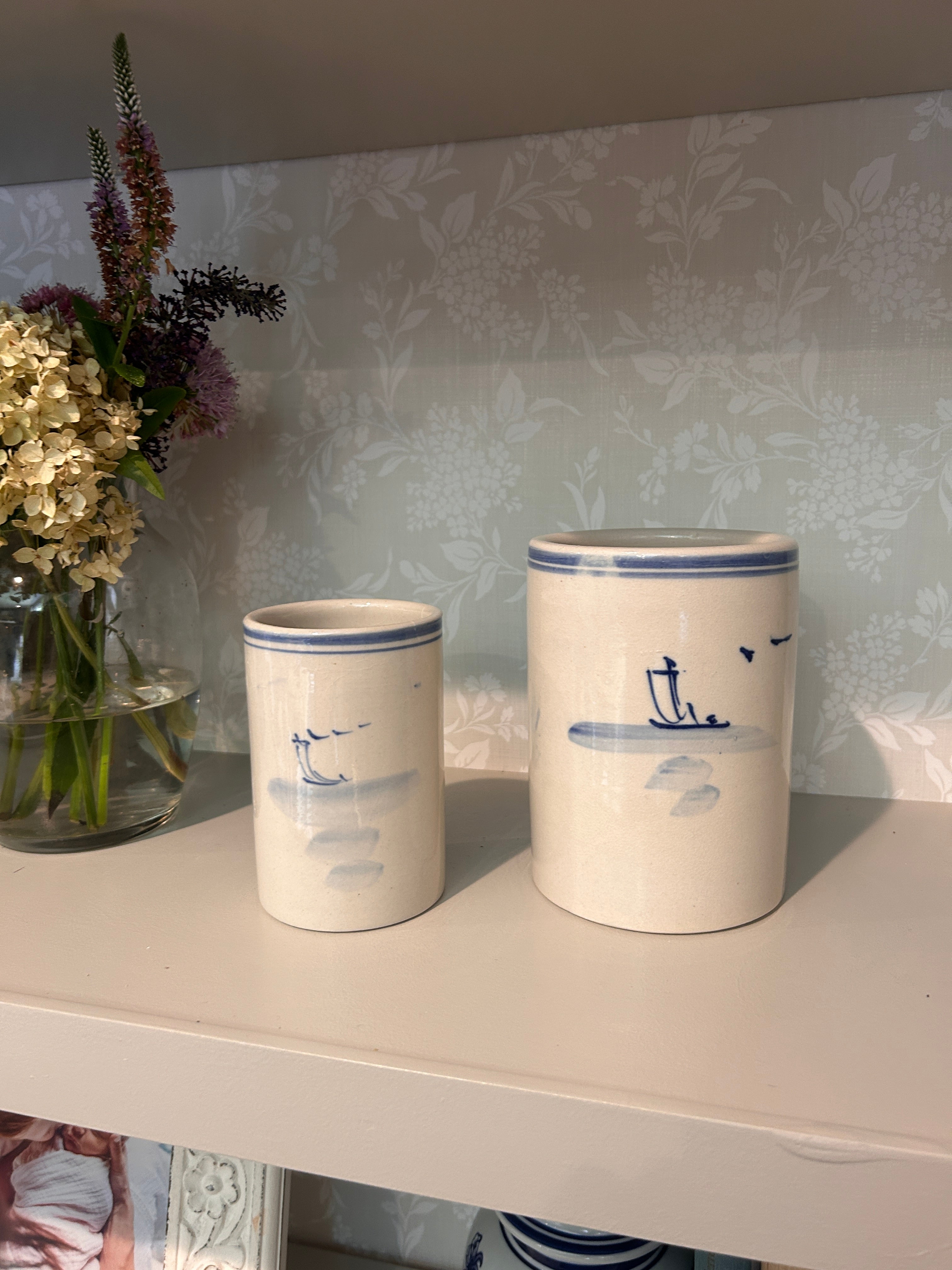 Vintage Hand-Painted Blue & White Landscape Brush Pot Pair